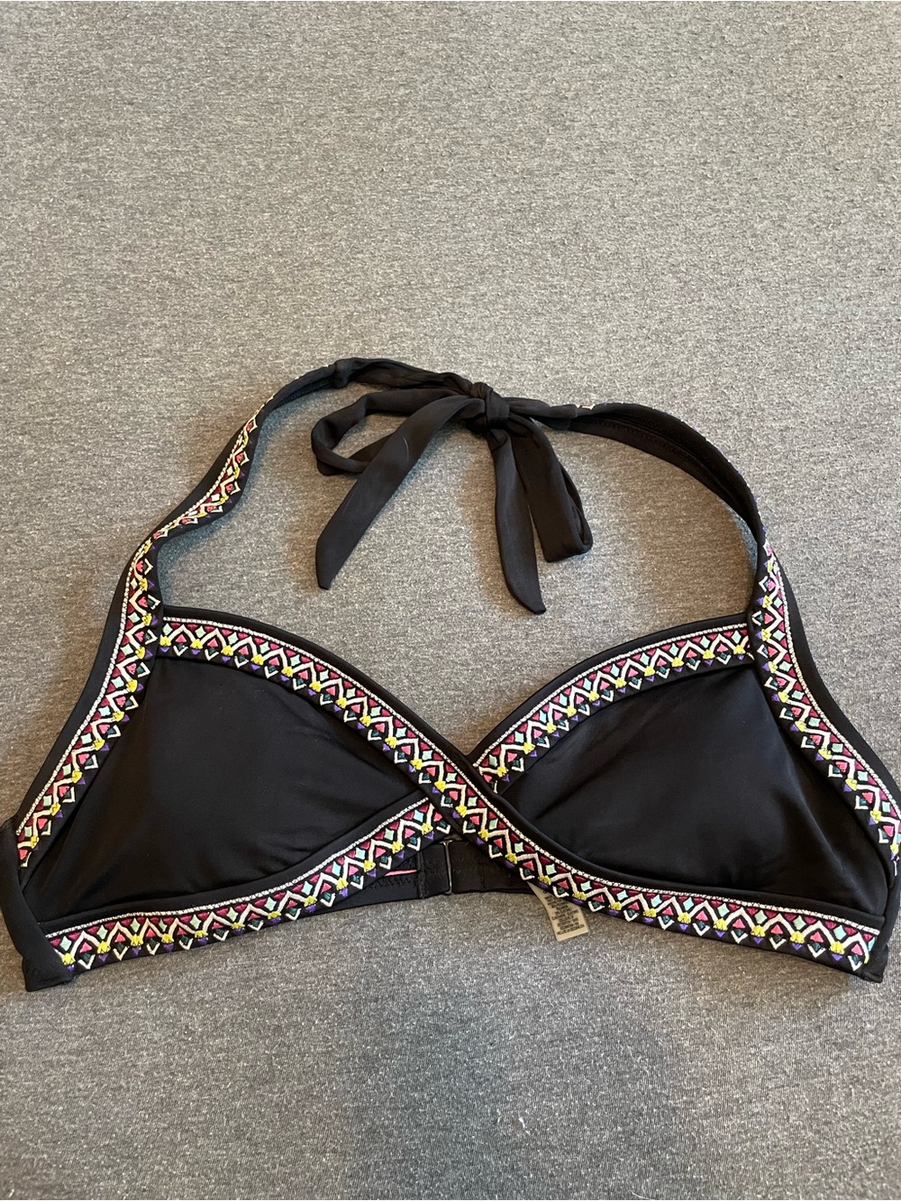 PINK Victoria's Secret Black Halter Bikini Top with Embroidered Trim